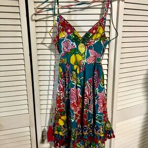 Vibrant Floral Sundress with Pom Tassels - Teal, Pink & Yellow